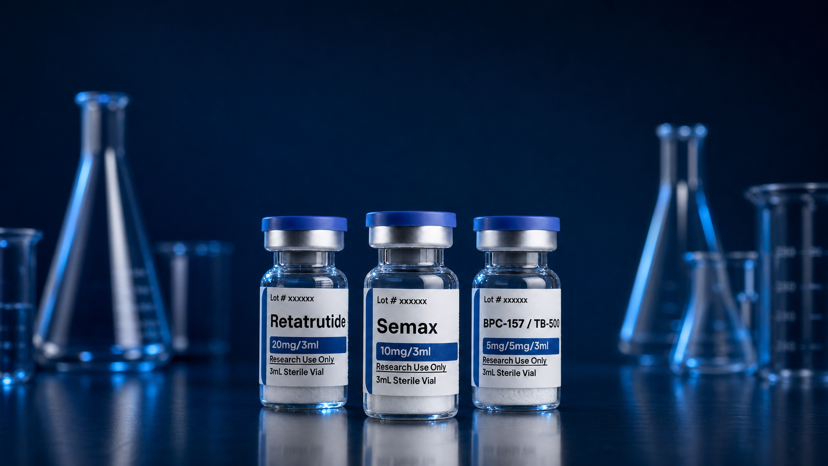 Three labeled research peptide vials in a navy laboratory