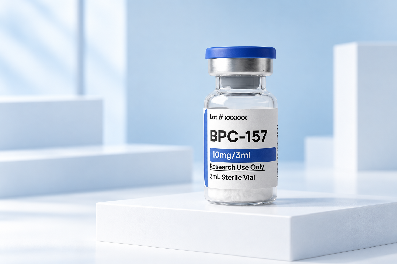 Labeled BPC-157 10 mg research-use-only vial on a clinical blue studio set